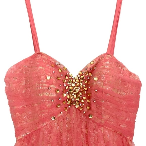 SHERRI HILL Coral Pink Embellished Tulle & Lace Full Length Gown - Picture 2 of 11